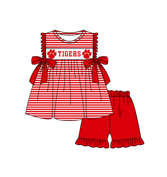 ( Moq 5 ) Baby Girls Toddler Short Sleeves Tigers Bows Stripes Tunic Red Shorts Team Set