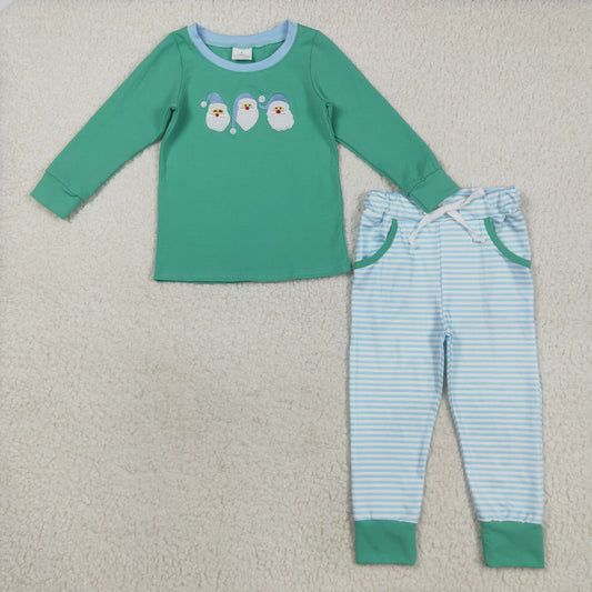 Baby Boy Green Long Sleeves Embroidery Santa Christmas Shirt Stripes Pockets Pants Set RTS