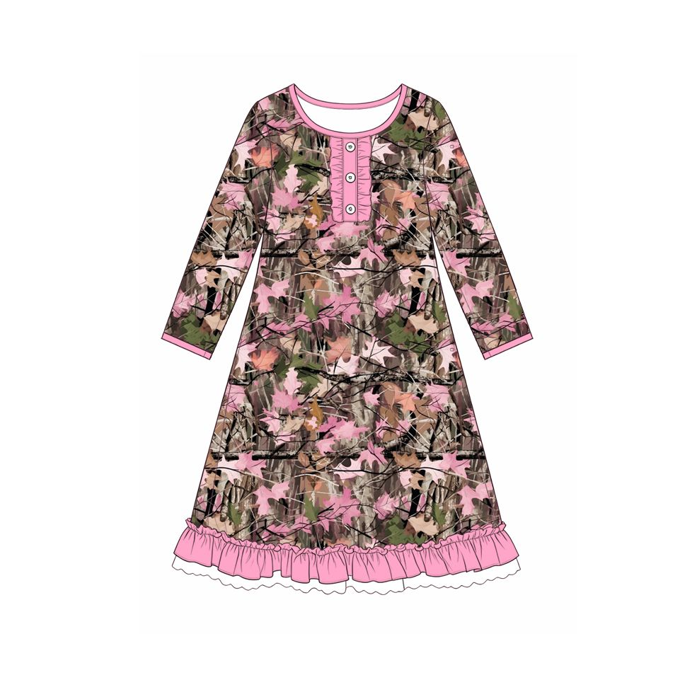 ( Moq 5 ) Preorder Baby Girls Kids Long Sleeves Camo Knee Length Buttons Dress Pajamas Clothes