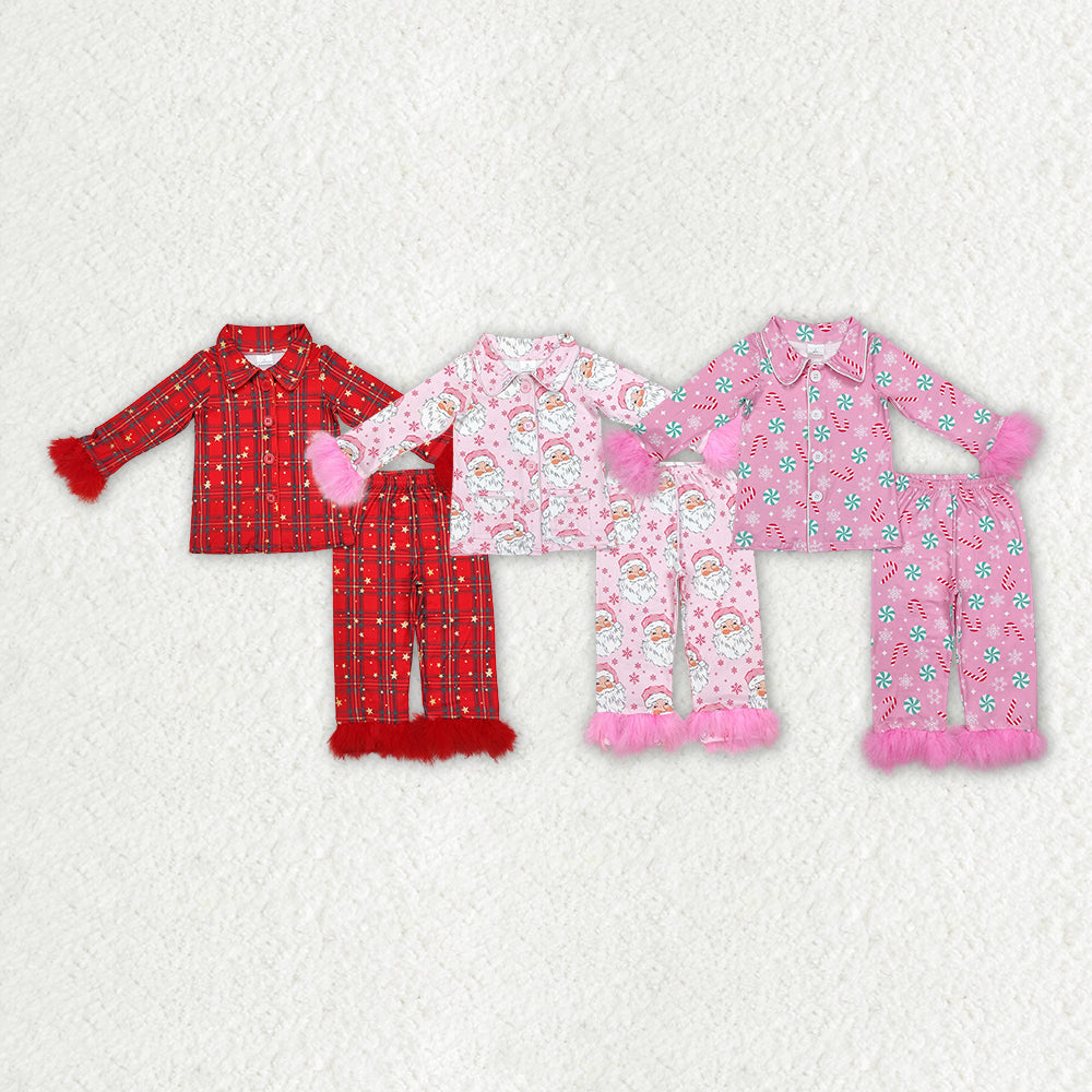 Baby Girl Fur Long Sleeves Christmas Buttons Shirt Pants Sibling Pajamas Clothes Set