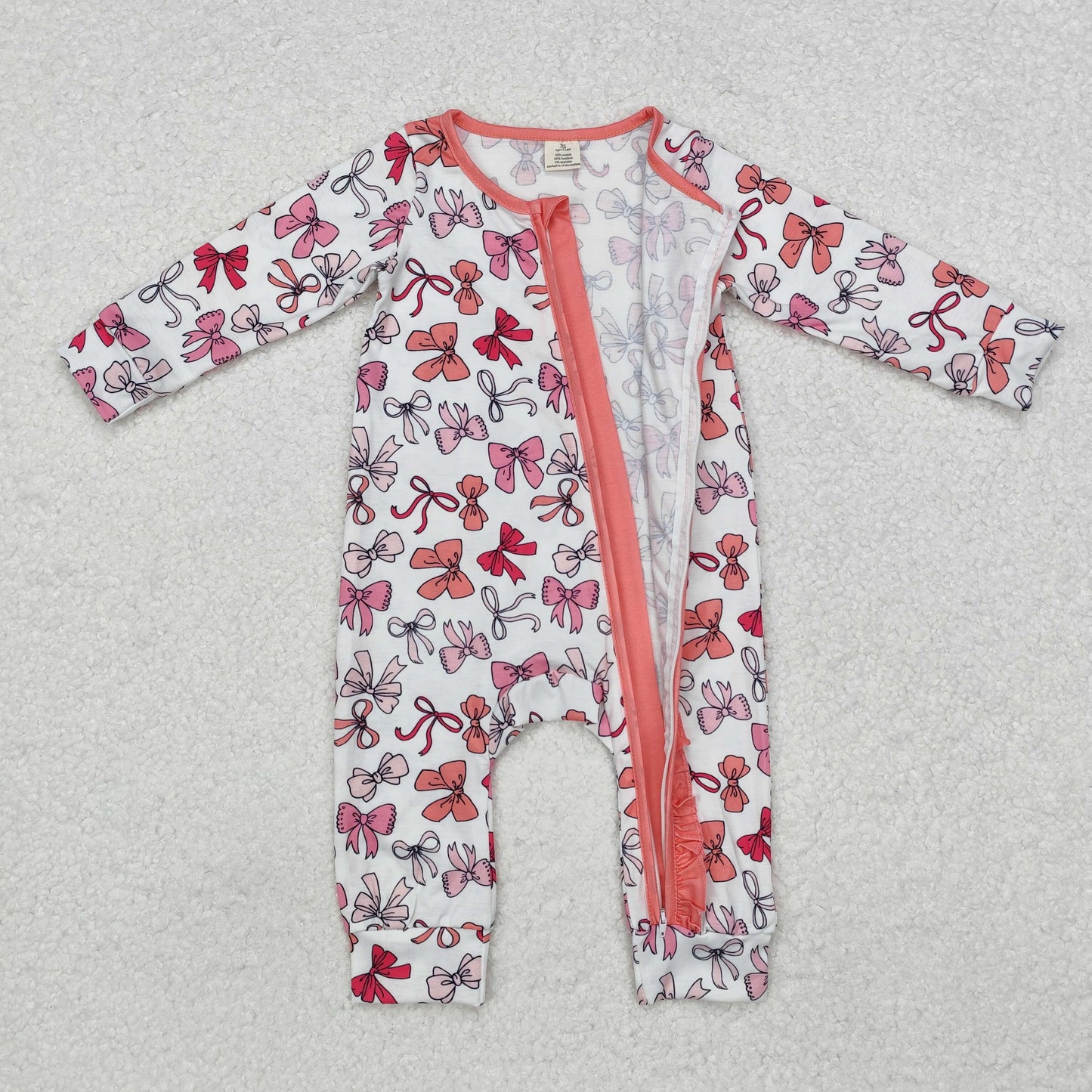 Baby Infant Girl Long Sleeves Valentines Pink Bows Zipper Bamboo Romper