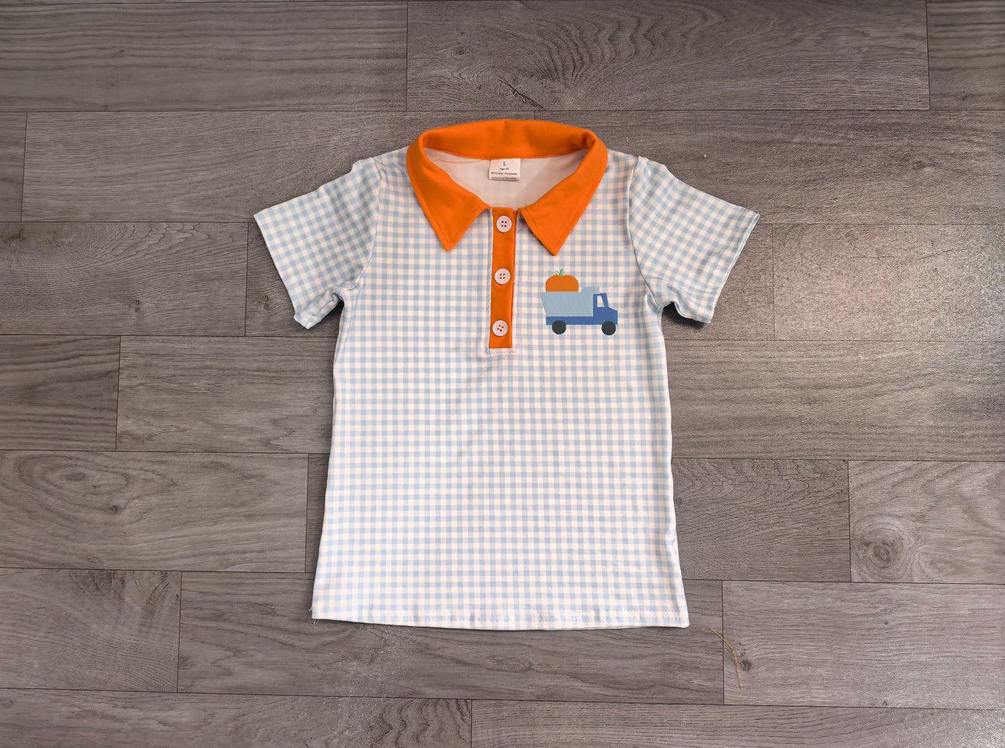 ( No moq ) Preorder Baby Boys Kids Embroidery Pumpkin Truck Blue Plaid Buttons Shirt Kids Thanksgiving Clothes