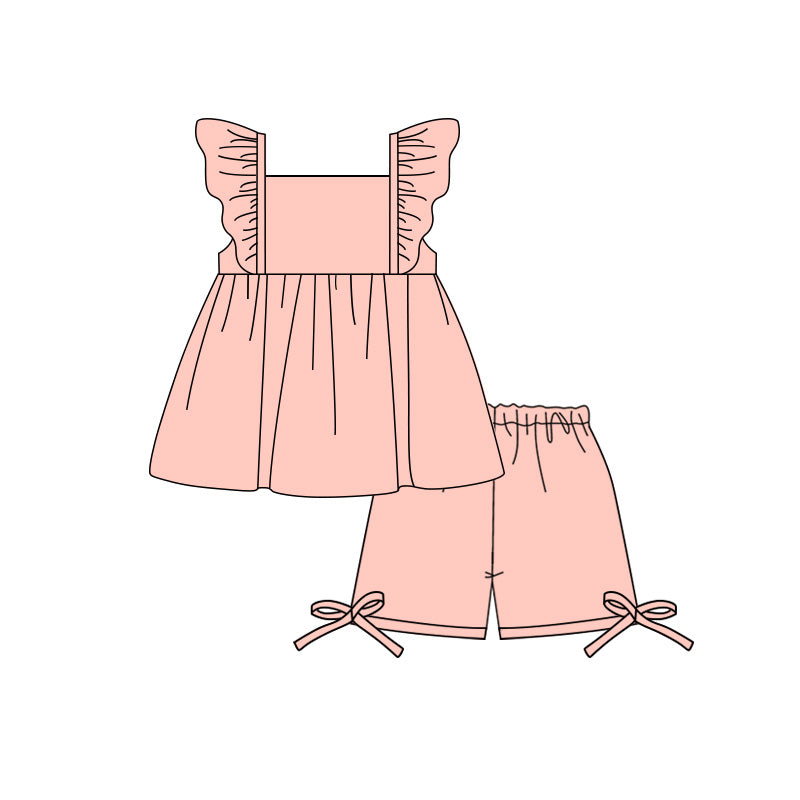 ( Moq 5 ) Preorder Baby Girl Kids Short Sleeves Ruffle Peach Tops Bows Shorts Set Cotton Clothes