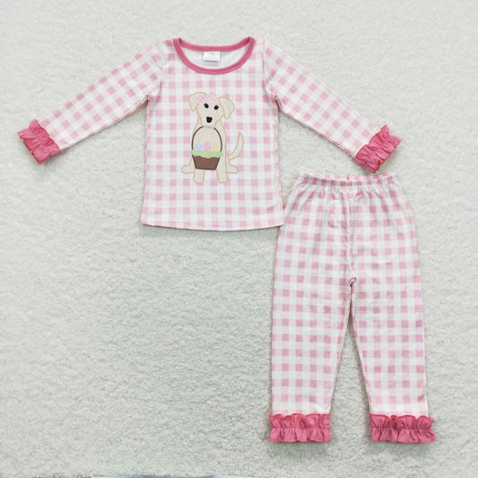 GLP1036 Baby Girl Pink Long Sleeves Dog Eggs Shirt Plaid Pants Set Easter Pajamas