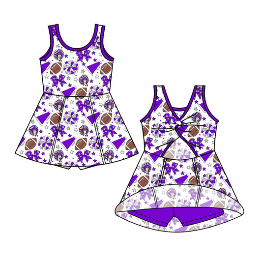 ( Moq 5 ) Baby Girls Toddler Sleeveless Cheer Football Purple Bows Shorts Ruffle Dress Team Clothes