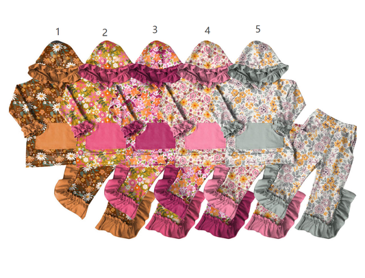 ( Moq 5 Each Style ) Sibling Baby Girls Kids Long Sleeves Flower Hoodie Shirts Pockets Pants Sets Clothes