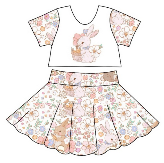 Baby Girl Short Sleeves Easter Rabbit Tops Flower Skirt Clothes Set Moq 5