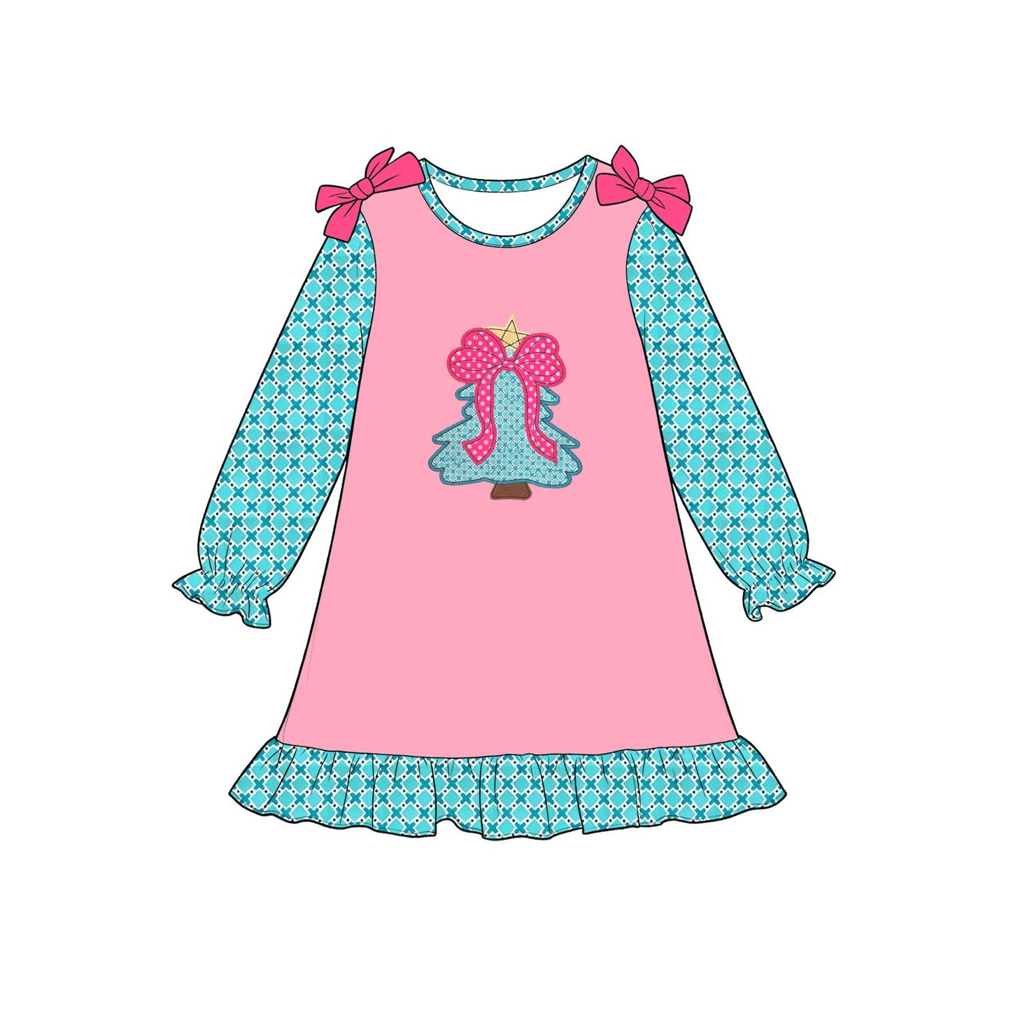 ( Moq 5 ) Preorder Baby Girls Kids Christmas Bows Tree Knee Length Ruffle Dress Clothes