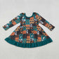 Baby Girl Long Sleeves Western Cow Aztec Green Ruffle Knee Length Dress RTS