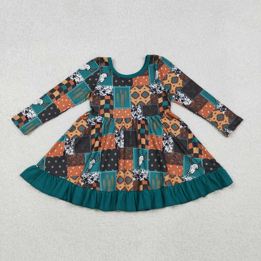 Baby Girl Long Sleeves Western Cow Aztec Green Ruffle Knee Length Dress RTS