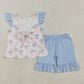 Baby Girl Short Sleeves Flower Bows Plaid Tunic Ruffle Blue Shorts Clothes Set RTS