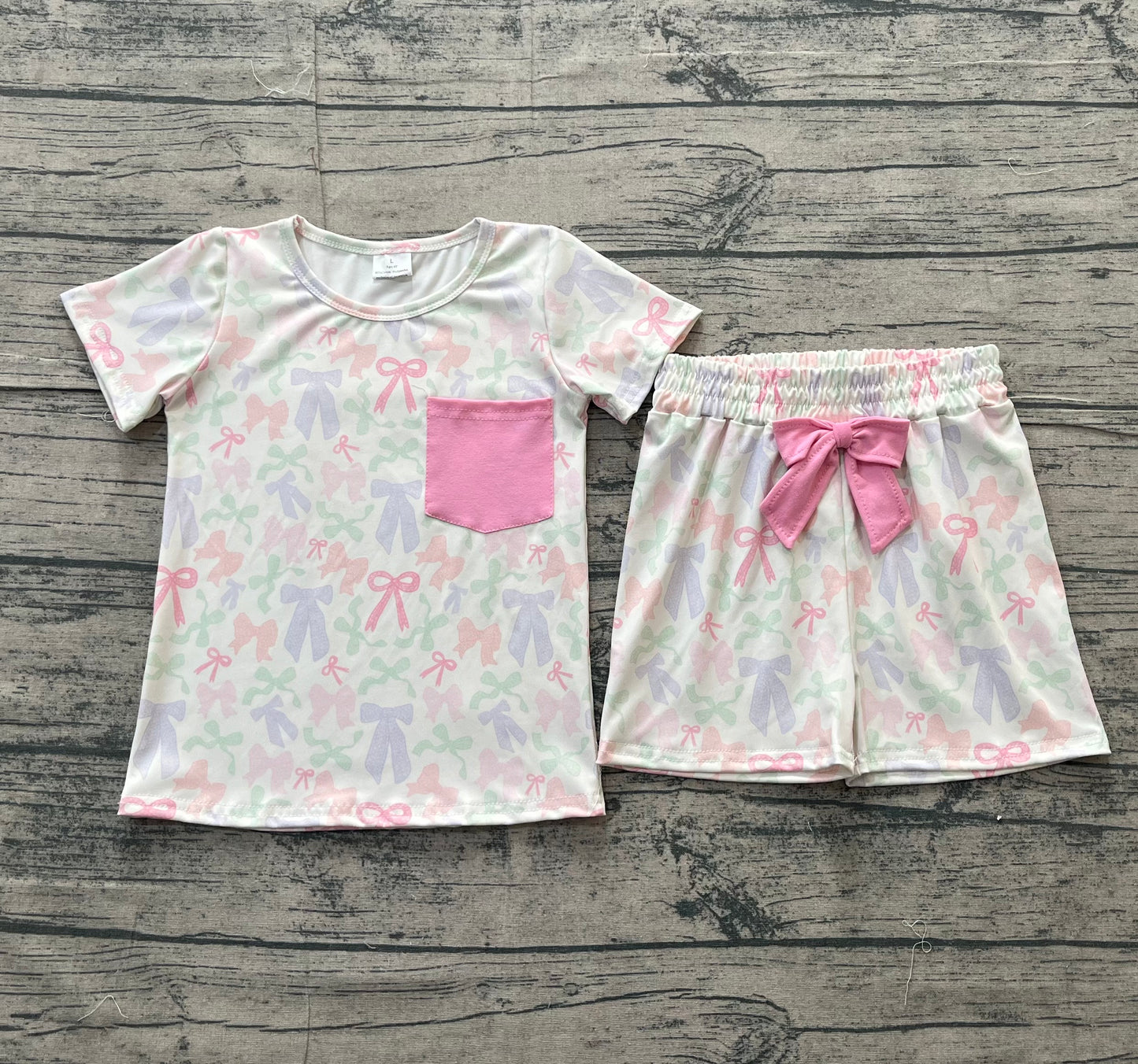 Baby Girls Kids Short Sleeves Bows Pocket Shirt Shorts Clothes Set RTS