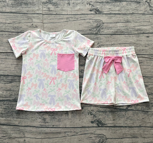 Baby Girls Kids Short Sleeves Bows Pocket Shirt Shorts Clothes Set RTS
