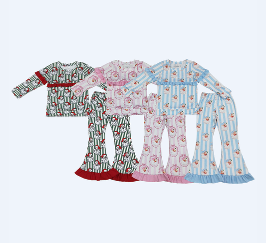 Sibling Baby Girl Kids Christmas Santa Stripes Ruffle Tops Bell Pants Sets Clothes RTS