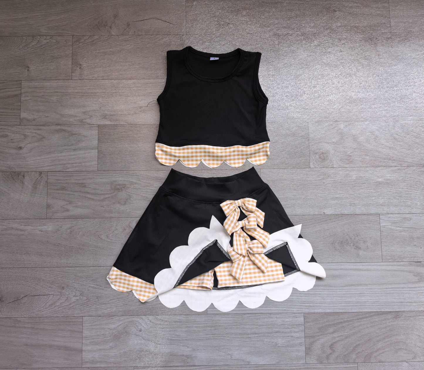 ( No moq ) Preorder Baby Girls Kids Scallop Black Shirt Bows Skirt Shorts Set Yoga Active Clothes