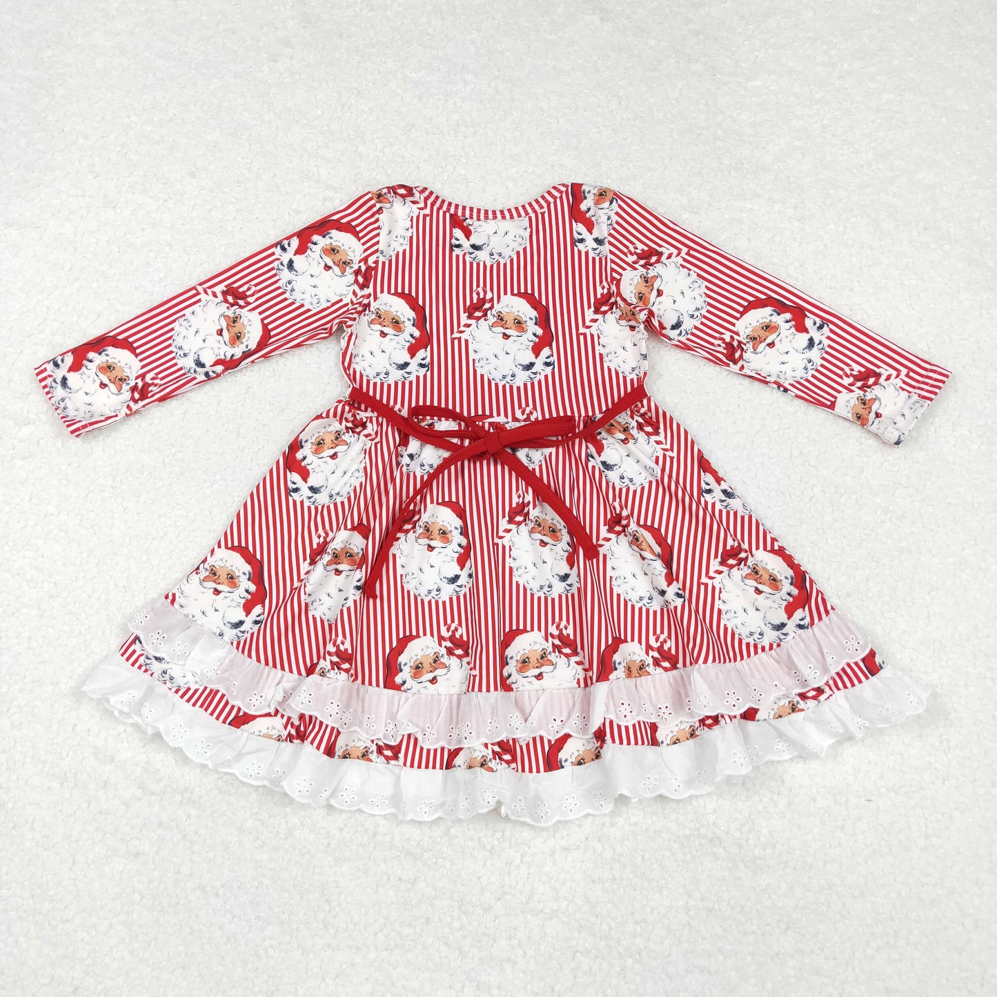 Baby Girl Long Sleeves Christmas Santa Red Stripes Ruffle Dress