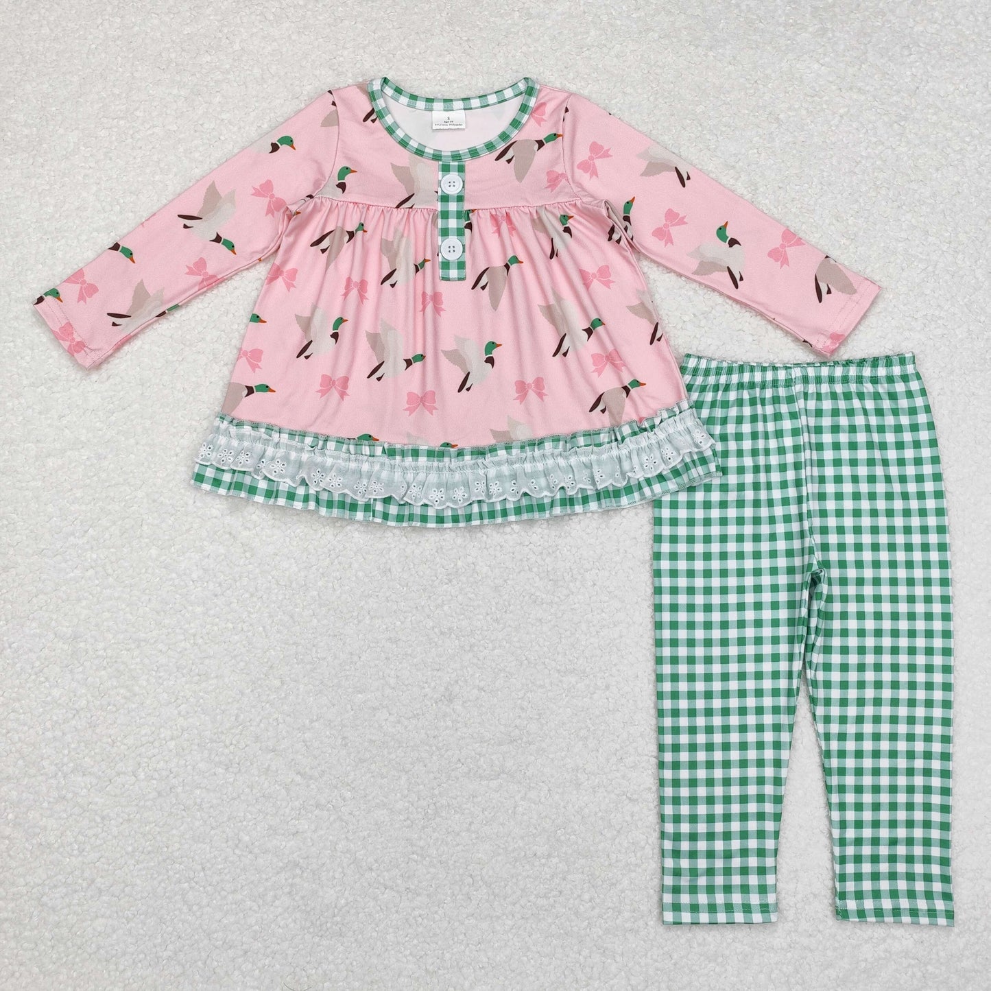 Baby Girl Long Sleeves Ducks Pink Bows Tunic Green Plaid Pants Set