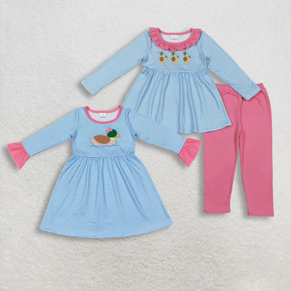 Sibling Baby Girls Kids Long Sleeves Embroidery Ducks Stripes Dress Set RTS
