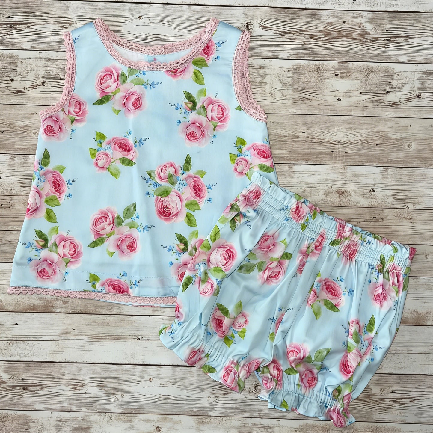 ( Moq 5 ) Preorder Baby Girls Kids Sleeveless Flower Tops Shorts Set Blue Clothes