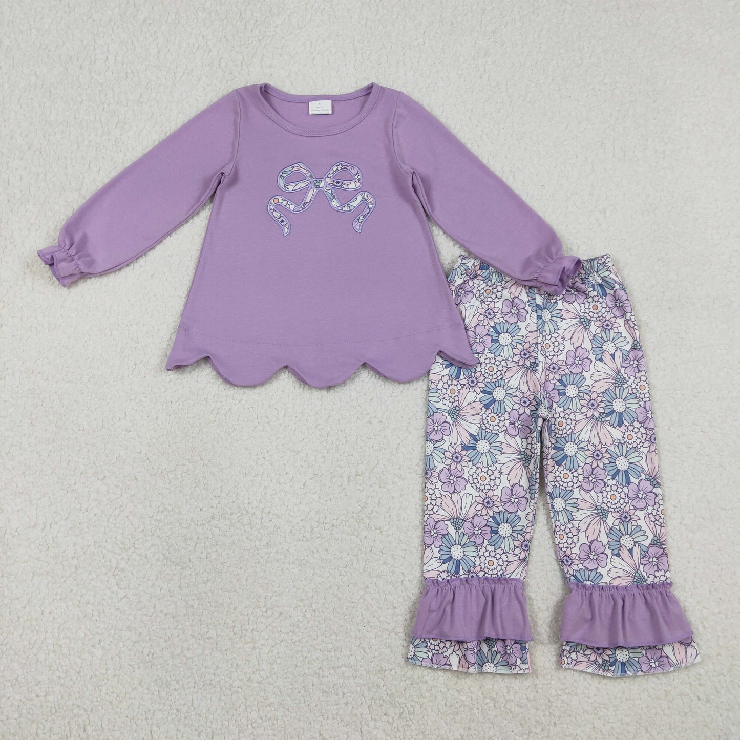 Baby Girls Kids Purple Long Sleeves Embroidery Bows Tunic Flower Pants Clothes Set RTS
