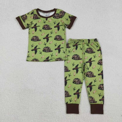 Sibling Baby Boys Short Sleeves Ducks Camo Hats Hunting Green Zipper Romper Outfit Pajamas  RTS