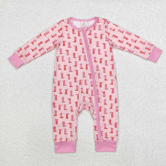 Baby Girl Infant Long Sleeves Western Boots Pink Zipper Bamboo Romper