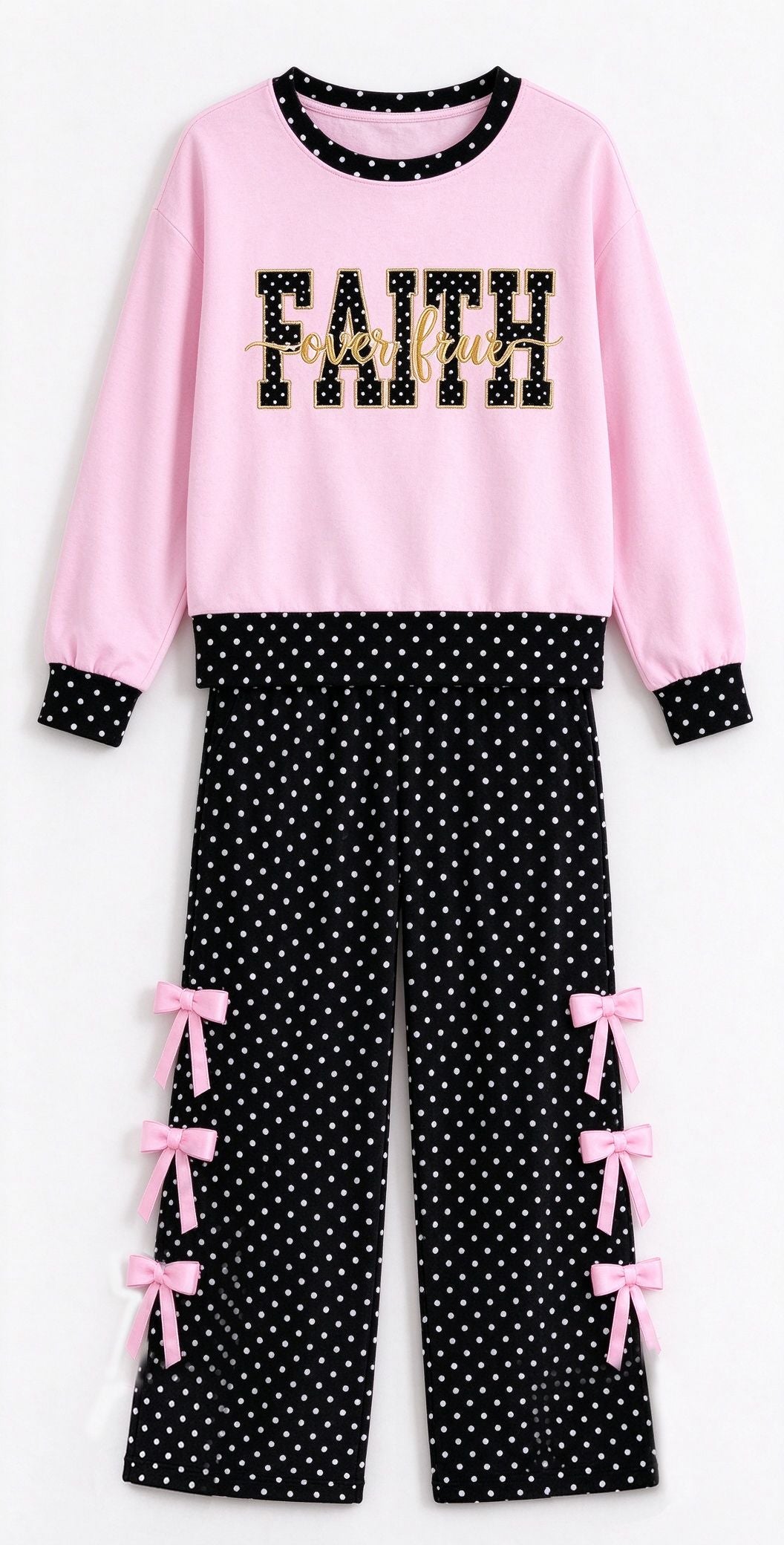 ( Moq 5 ) Preorder Baby Girls Kids Long Sleeves Faith Shirt Pink Bows Pants Set Clothes