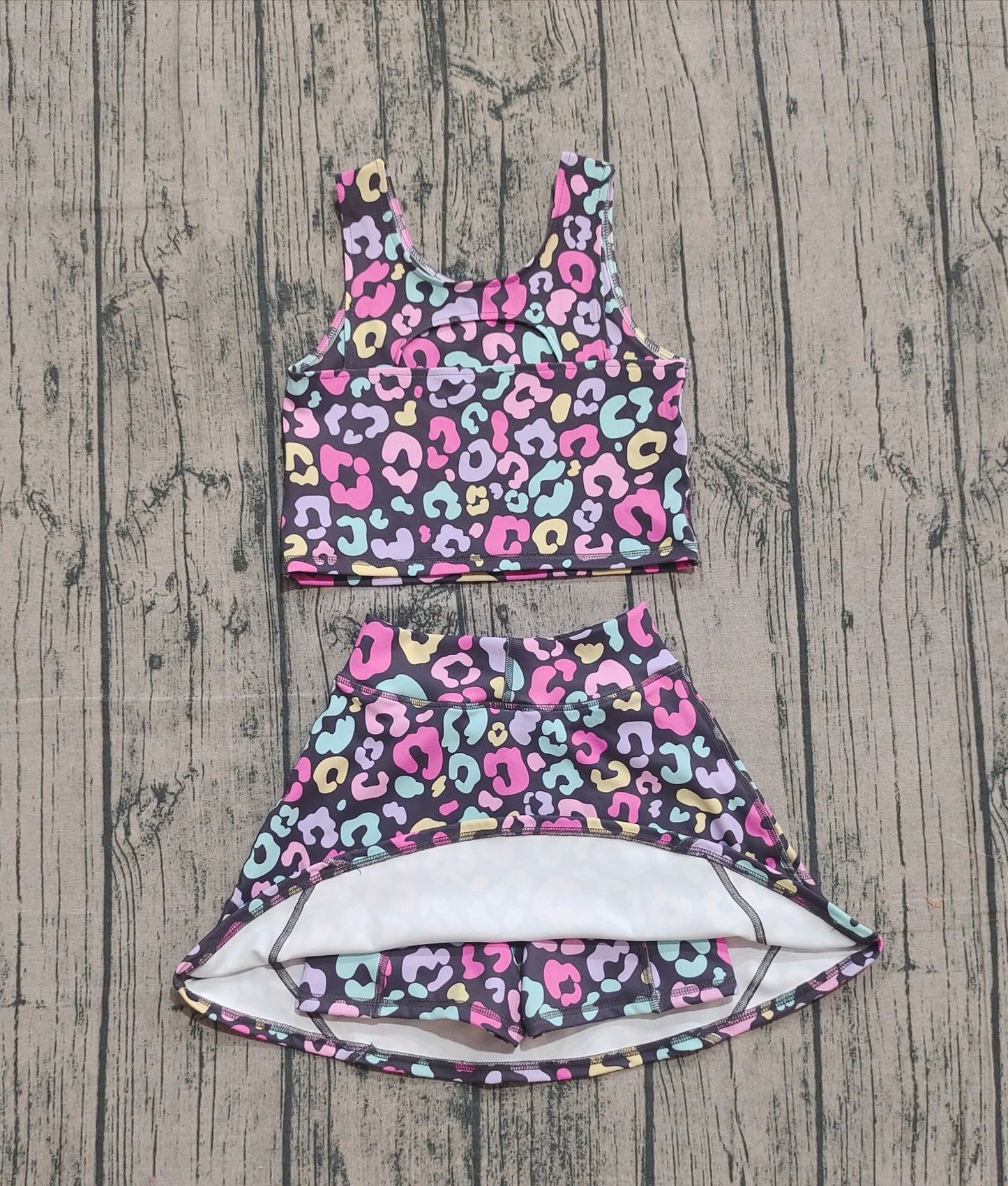Baby Girl Sleeveless Colorful Leopard Yoga Vest Skort Active Wear Set RTS