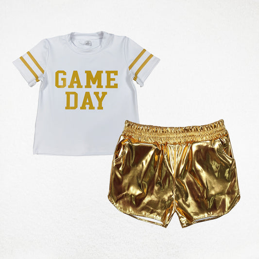 Baby Girl Short Sleeves Game Day Yoga Team Cheer Vinyl Shirt Leather Shorts Set RTS