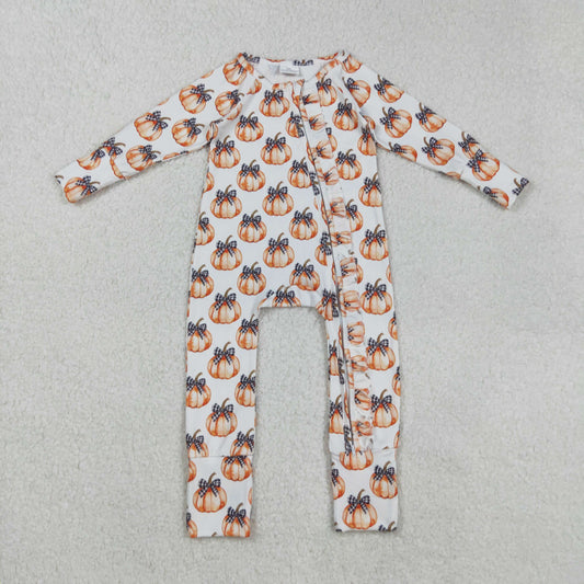 Baby Girl Infant Long Sleeves Pumpkin Bows Ruffle Zipper Fall Romper RTS