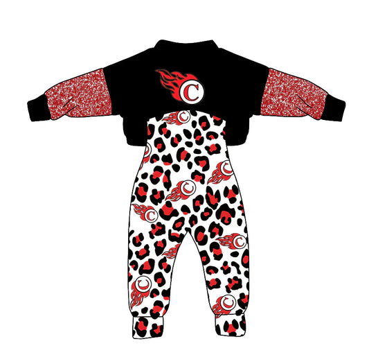 Baby Girl Long Sleeves Team C Tops Leopard Jumpsuit Clothes Set ( Moq 5 )