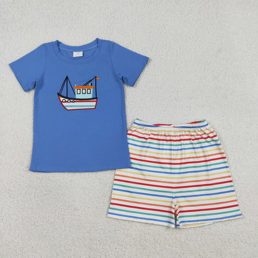 Baby Boys Blue Short Sleeves Embroidery Boat Shirt Stripes Shorts Clothes Set RTS