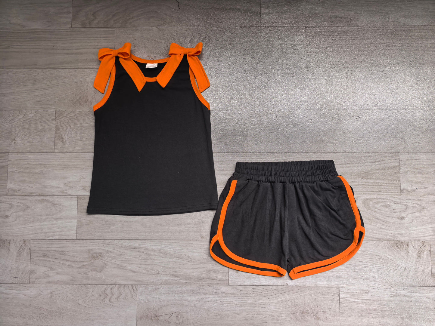 ( No moq ) Preorder Baby Girls Kids Orange Bows Shirt Shorts Black Cotton Set Summer Clothes