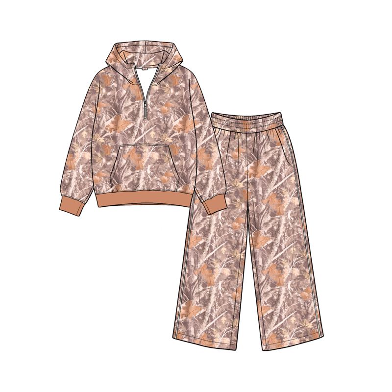 ( Moq 5 ) Preorder Baby Girls Kids Long Sleeves Leaves Hoodie Zipper Pocket Shirt Pants Set Clothes