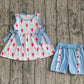 Baby Girls Kids Crayfish Bows Stripes Tunic Ruffle Blue Shorts Clothes Set RTS