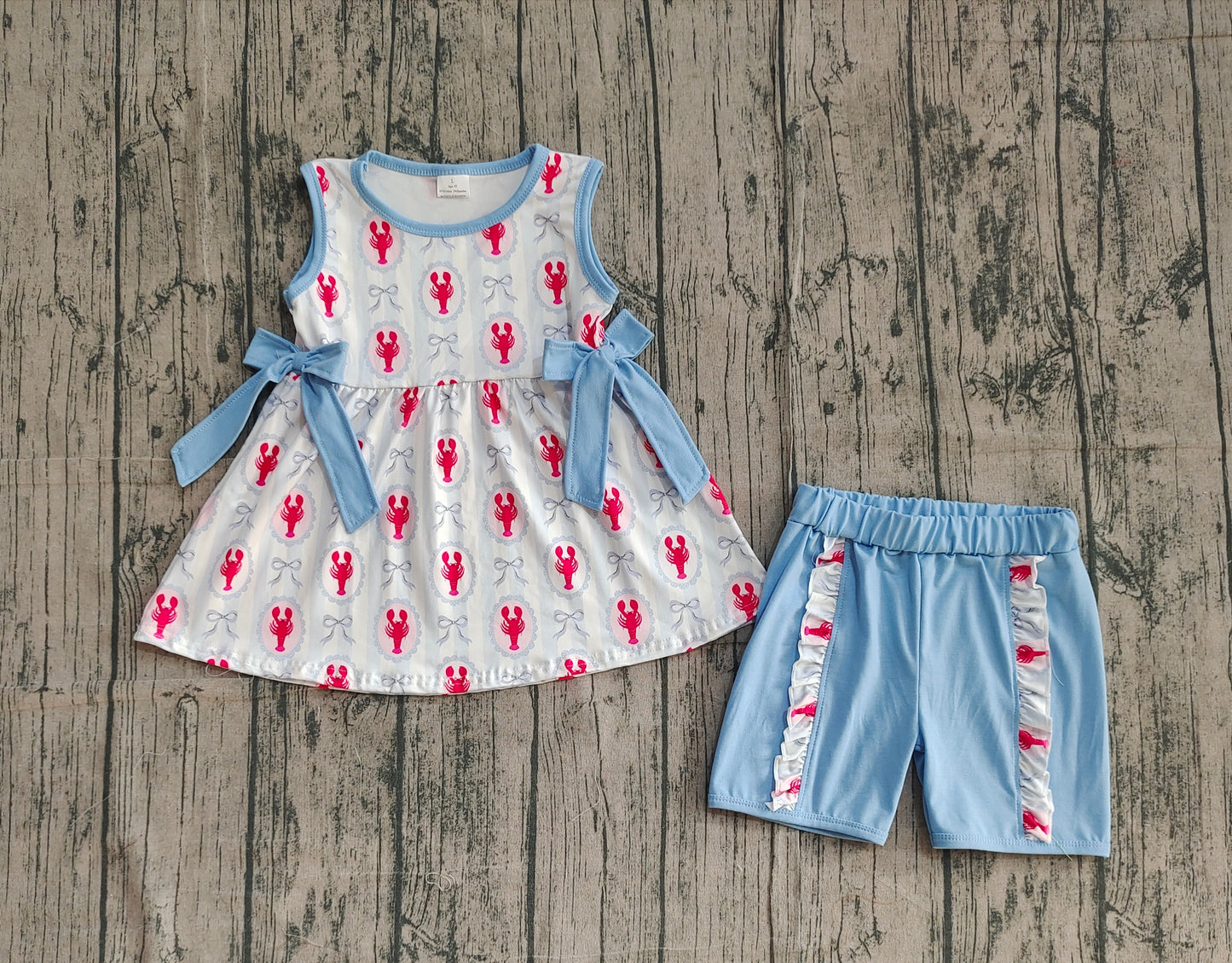 Baby Girls Kids Crayfish Bows Stripes Tunic Ruffle Blue Shorts Clothes Set RTS