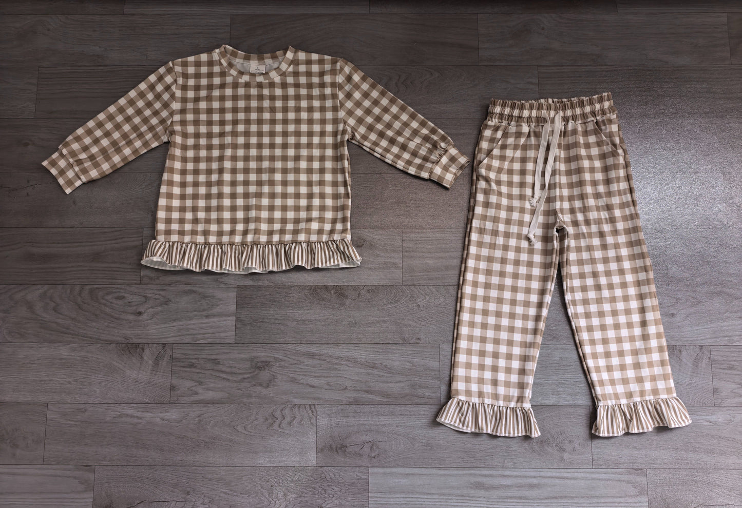 ( No moq ) Preorder Baby Girls Kids Long Sleeves Green Plaid Shirt Ruffle Pants Set Clothes