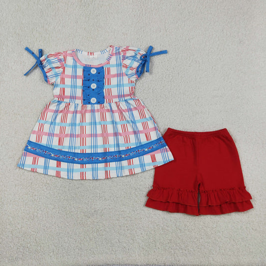 Baby Girls Short Sleeves Plaid Ruffle Tunic Red Shorts July 4th Clothes Set RTS