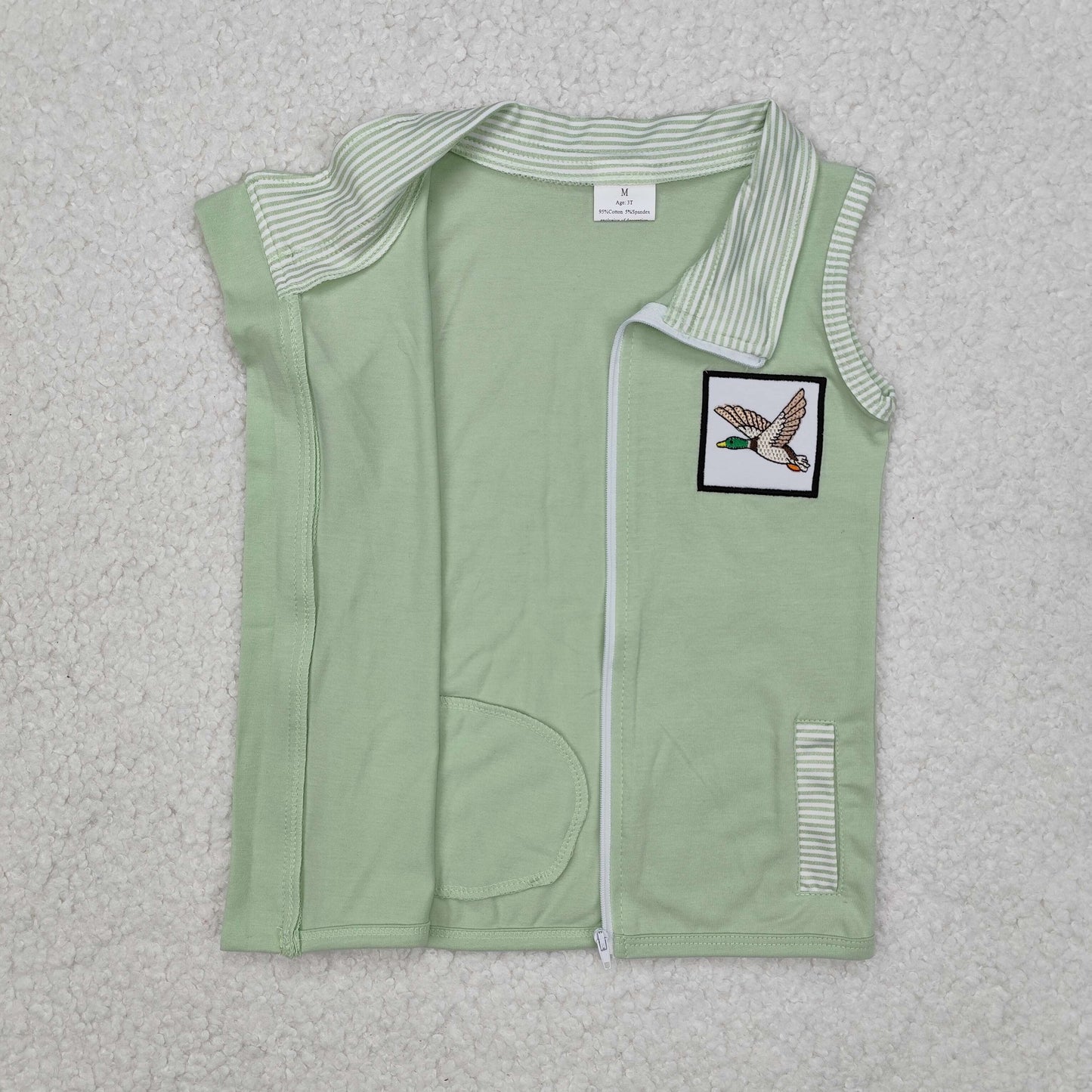 Baby Kids Green Embroidery  Duck Zipper Pocket Vest Tops