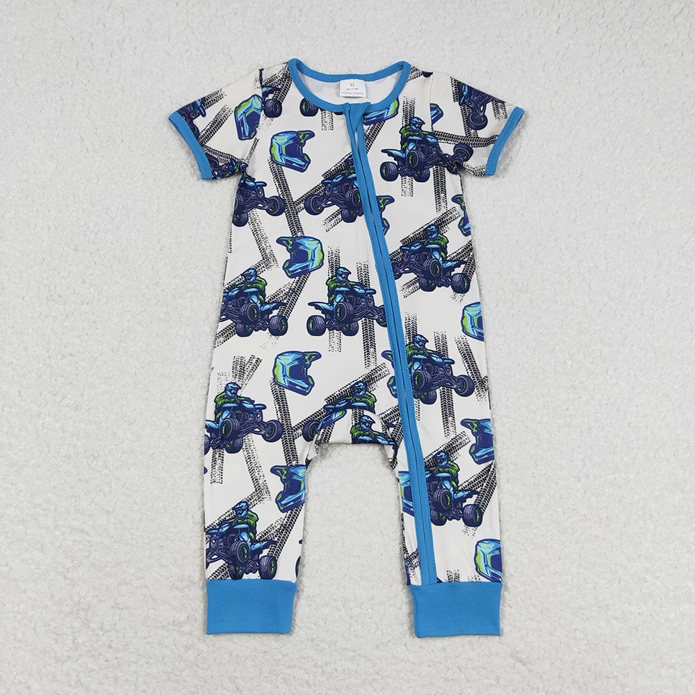 Baby Boy Short Sleeves Motobike Sibling Romper Pajamas Blue Set