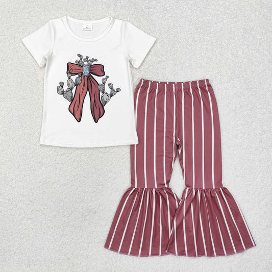 Baby Girl Short Sleeves Western Bow Cactus Shirt Stripes Bell Pants Clothes Set