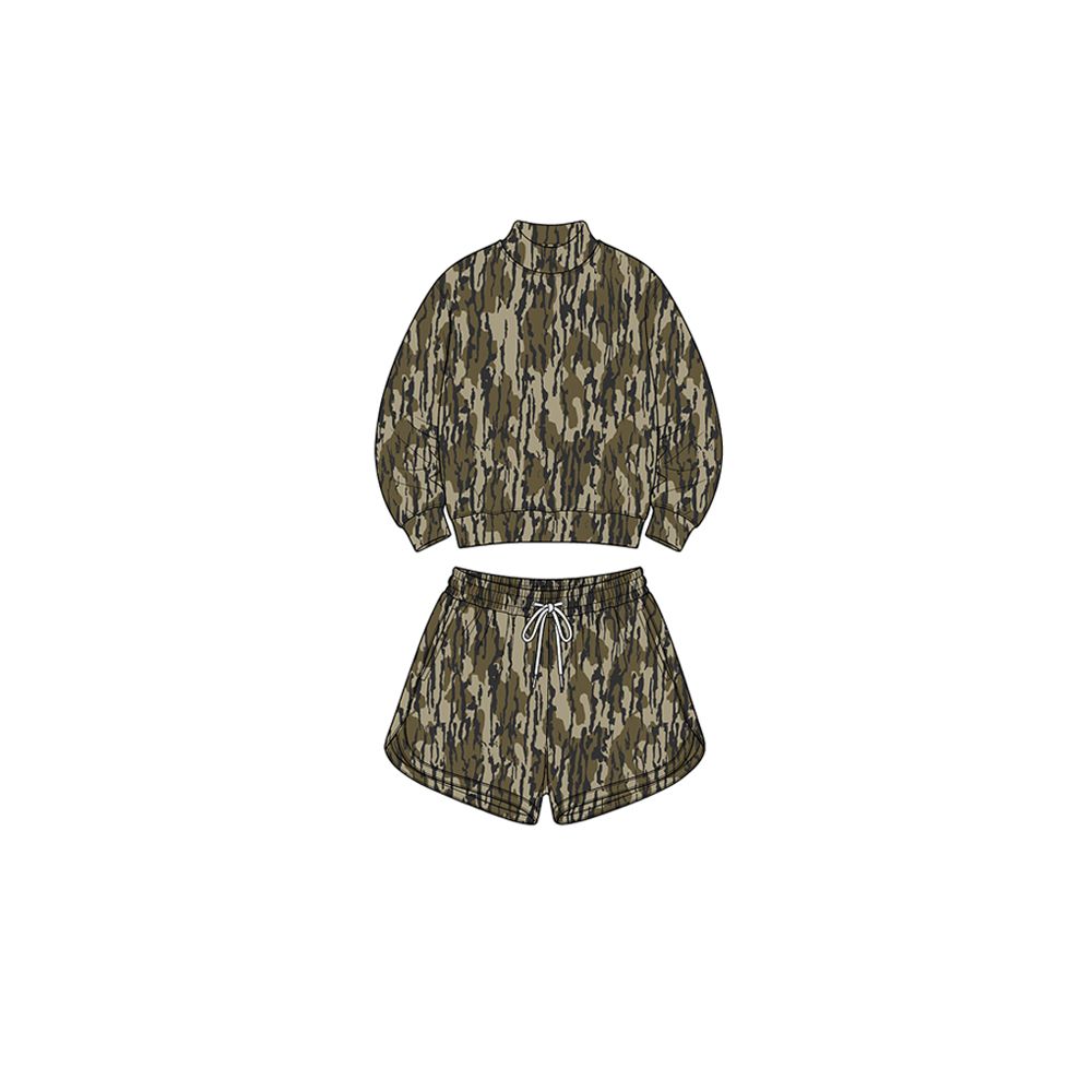 ( Moq 5 ) Preorder Baby Girls Kids Long Sleeves Olive Camo Shirt Pockets Shorts Set Yoga Active Clothes