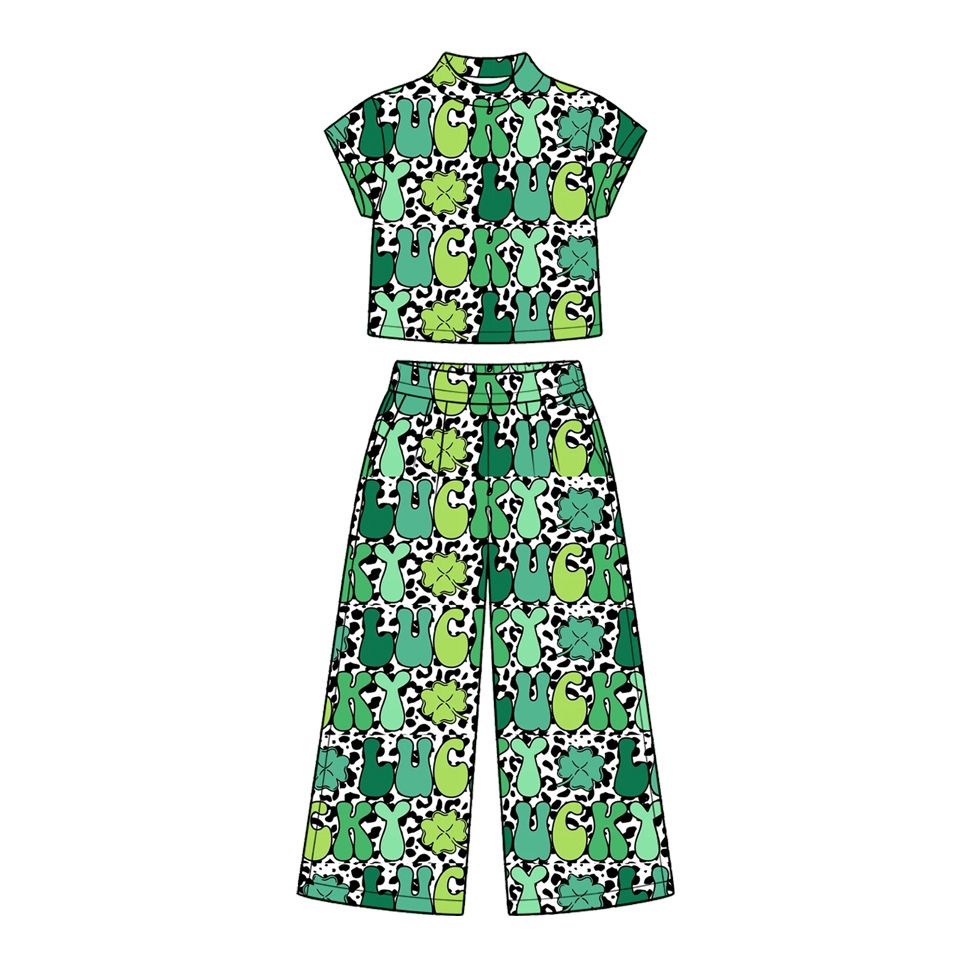 ( Moq 5 ) Preorder Baby Girls Kids Short Sleeves Clovers Leopard Shirt Pockets Pants Set St Patrick Clothes