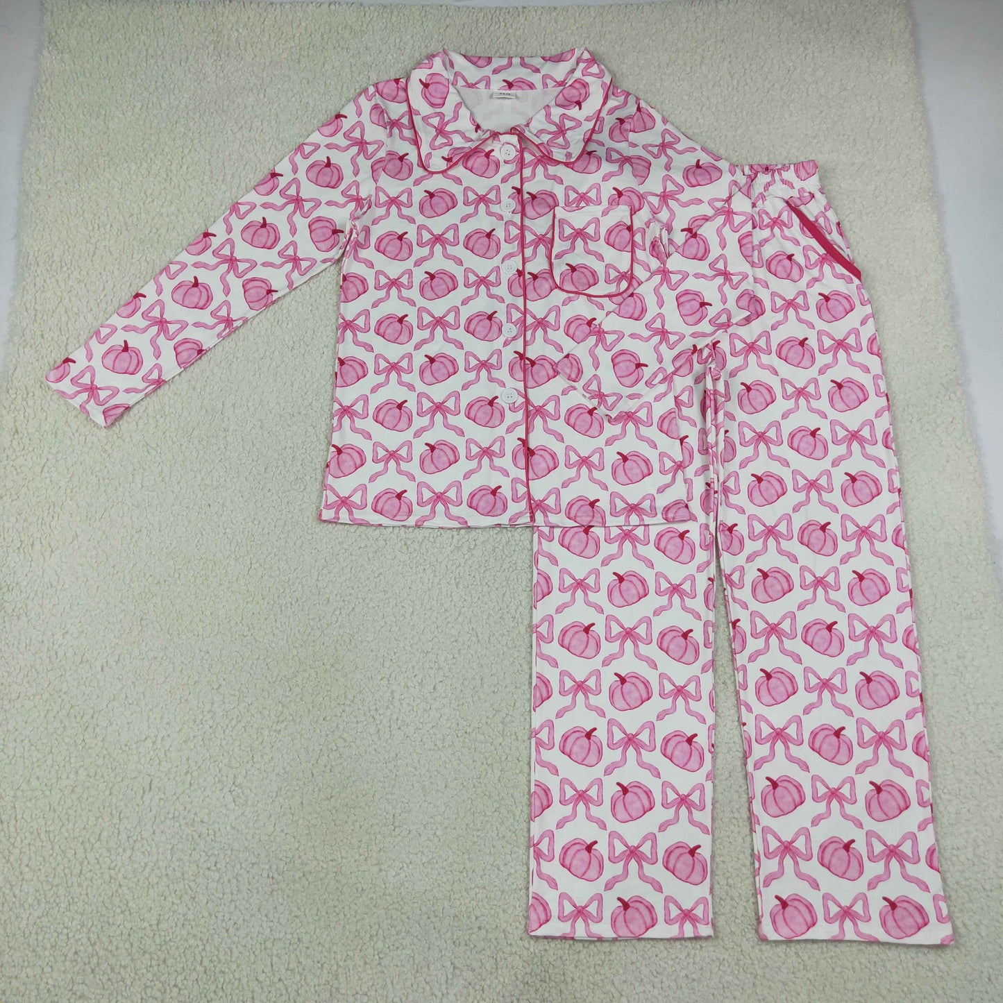 Adult Women Pumpkins Pink Bows Buttons Shirt Pockets Pants Pajamas Set Fall Clothes RTS