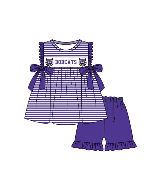 ( Moq 5 ) Baby Girls Toddler Short Sleeves Stripes Purple Bows Tunic Shorts Team Set