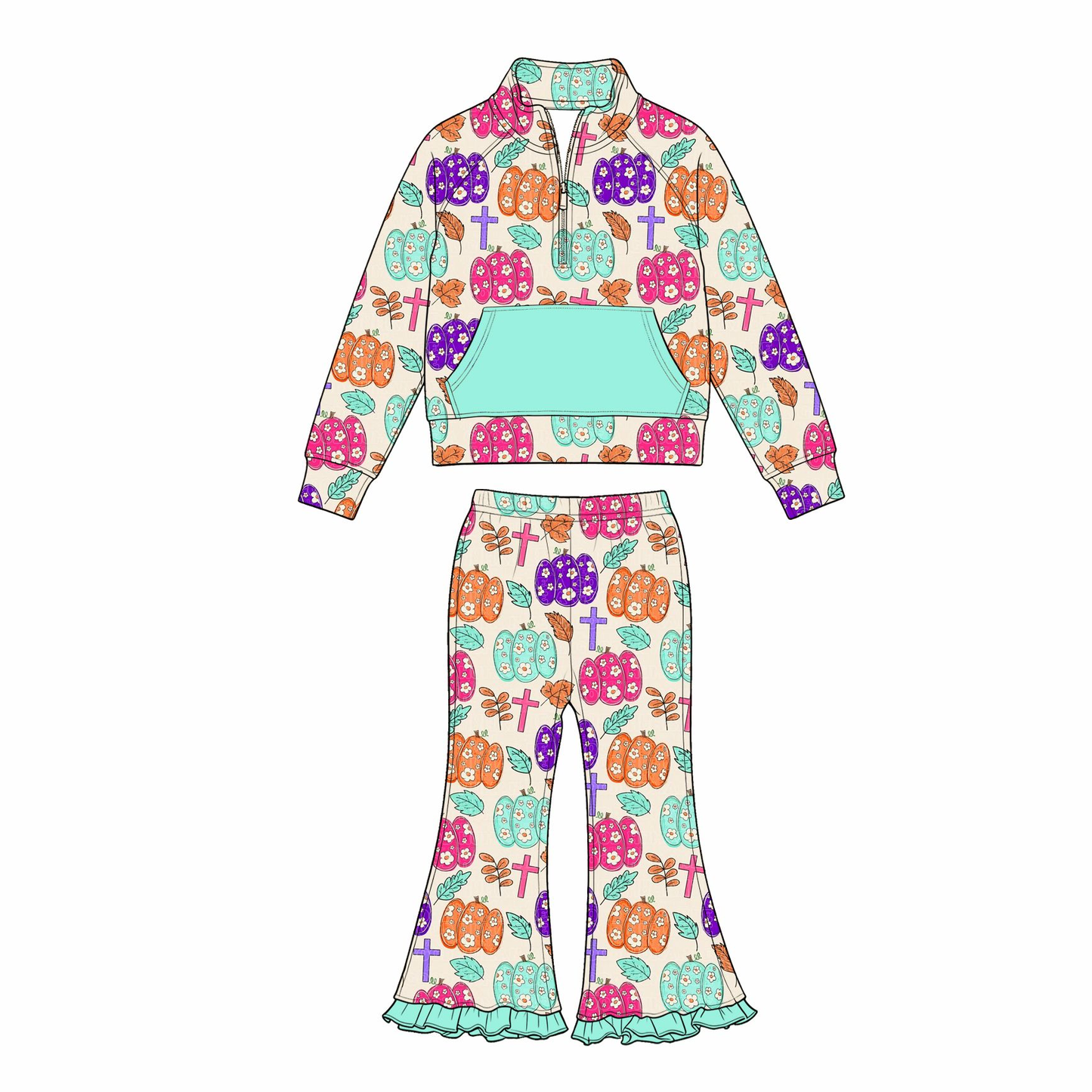 ( Moq 5 ) Preorder Baby Girls Kids Flower Pumpkins Zipper Shirt Pants Fall Set Clothes