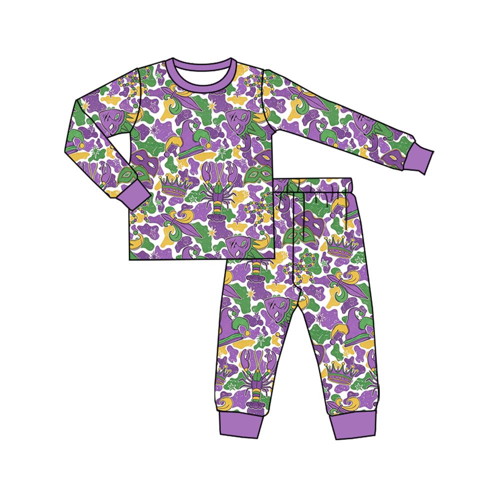 ( Moq 5 ) Preorder Baby Toddler Kids Marks Crawfish Camo Print Shirt Pants Mardi Gras Set Pajamas