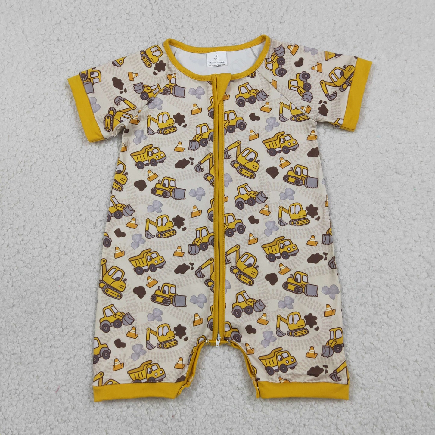 Baby Boys Infant Short Sleeves Excavator Yellow Zipper Romper Clothes RTS