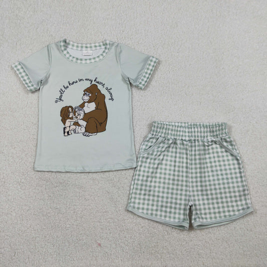 Baby Boys Kids Short Sleeves Monkey Shirt Plaid Pockets Shorts Set RTS
