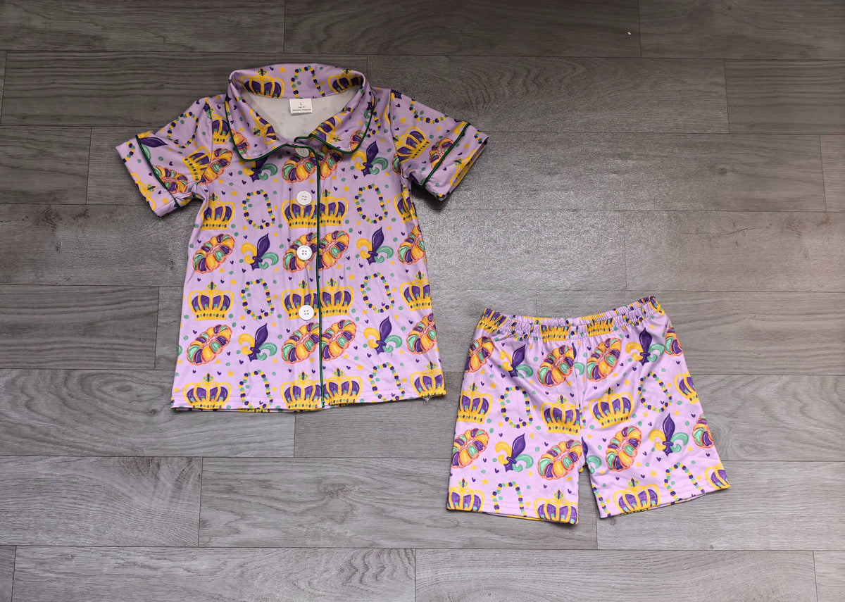 ( No moq ) Preorder Baby Girls Kids Short Sleeves Flower Donuts Buttons Shirt Shorts Set Pajamas Mardi Gras Clothes